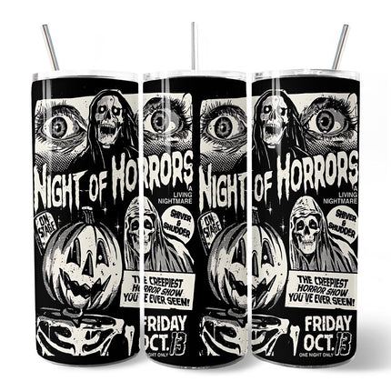 Night of Horrors Retro Halloween 20oz Personalized Tumbler With Lid and Stainless Steel Straw, Vintage Spooky Poster Gift Cup