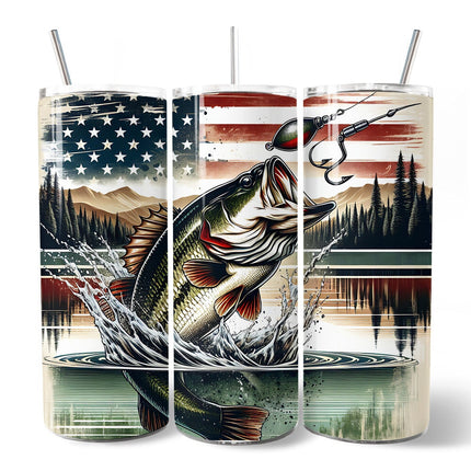 Patriotic Bass Fishing 20oz Personalized Tumbler With Lid and Stainless Steel Straw, Retro Angler Gift Cup