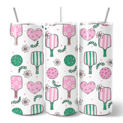 Sporty Coquette Pink Retro Pickleball 20oz Personalized Tumbler With Lid and Stainless Steel Straw, Valentine Travel Mug Gift