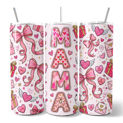 Valentine Mama Coquette Bow 20oz Personalized Tumbler With Lid and Stainless Steel Straw, Charming Pink Love Pattern Gift Cup