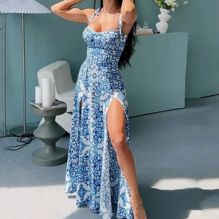 Porcelain Print Slim Strap Sleeveless Tie up Backless Split Dresses