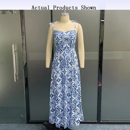 Porcelain Print Slim Strap Sleeveless Tie up Backless Split Dresses