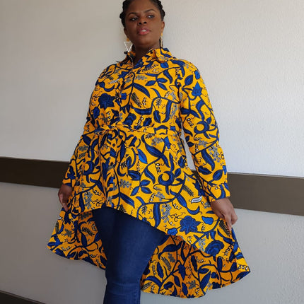 Kente African Print High Low Button up Shirt (Blue Yellow )