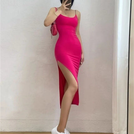 Sleeveless Spaghetti Strap Split Sheath Dress Vestidos