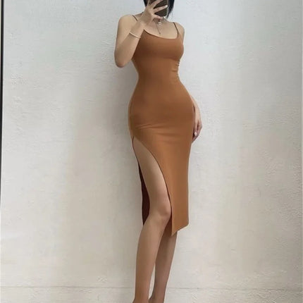 Sleeveless Spaghetti Strap Split Sheath Dress Vestidos
