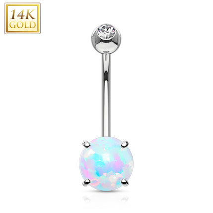 14k Solid White Gold Regal CZ 6mm Synthetic Opal Belly Ring
