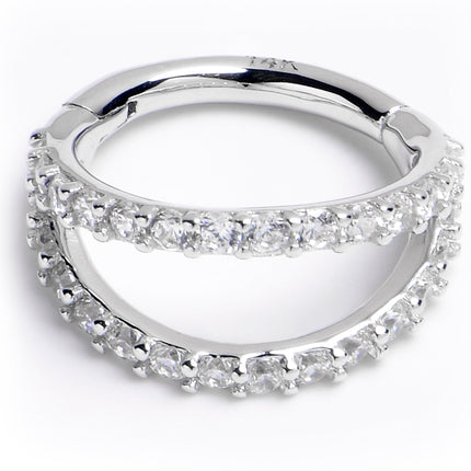 16G 5/16 Solid 14K White Gold Clear CZ Gem Hinged Segment Ring
