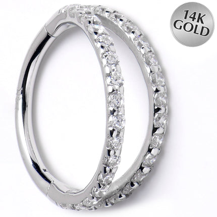 16G 3/8 Solid 14K White Gold Clear CZ Gem Hinged Segment Ring
