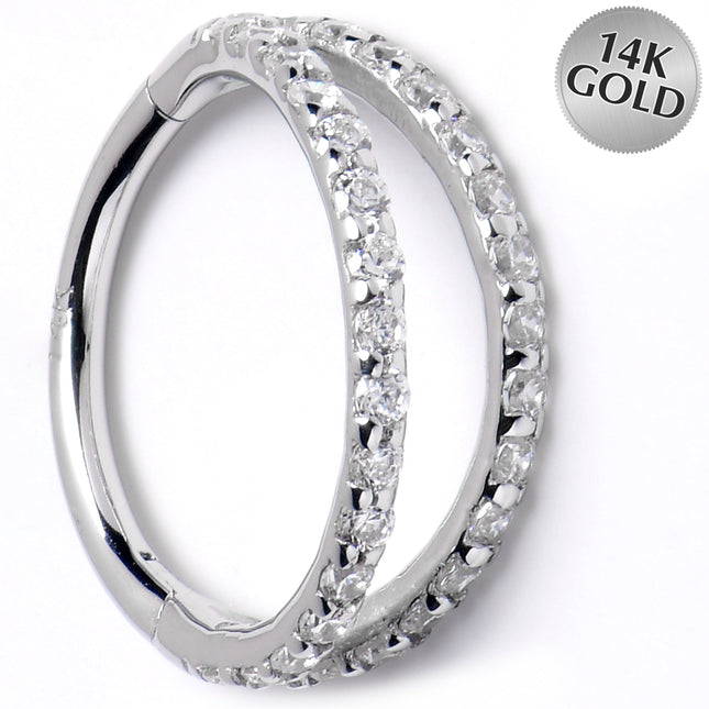 16G 3/8 Solid 14K White Gold Clear CZ Gem Hinged Segment Ring