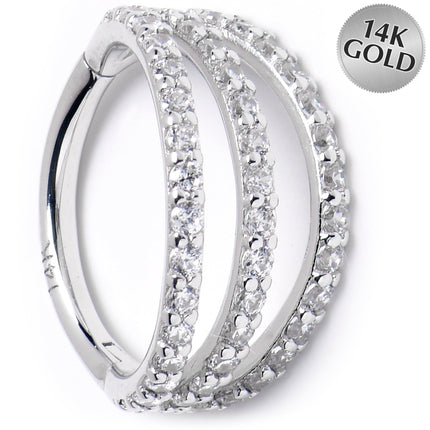 16G 3/8 Solid 14K White Gold Clear CZ Gem Row Hinged Segment Ring