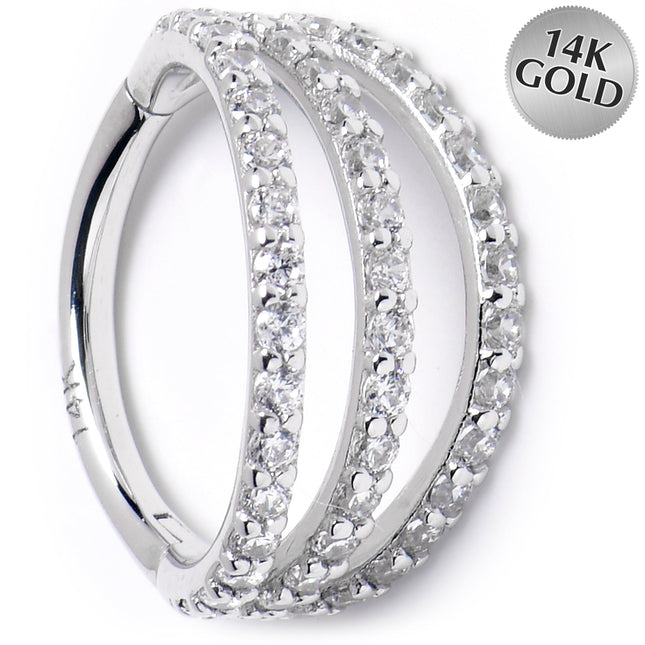16G 3/8 Solid 14K White Gold Clear CZ Gem Row Hinged Segment Ring