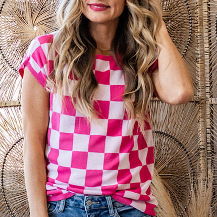 Rose Checkered Pattern Cap Sleeve Knitted Top