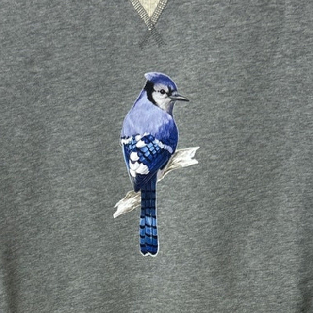 New Hand Printed Womens Small Blue Jay Bird Long Sleeve Heathered Sweatshirt