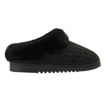 New In Box Dearfoam Women Medium 7/8 Black Faux Fur Lined Knit Slide On Slippers