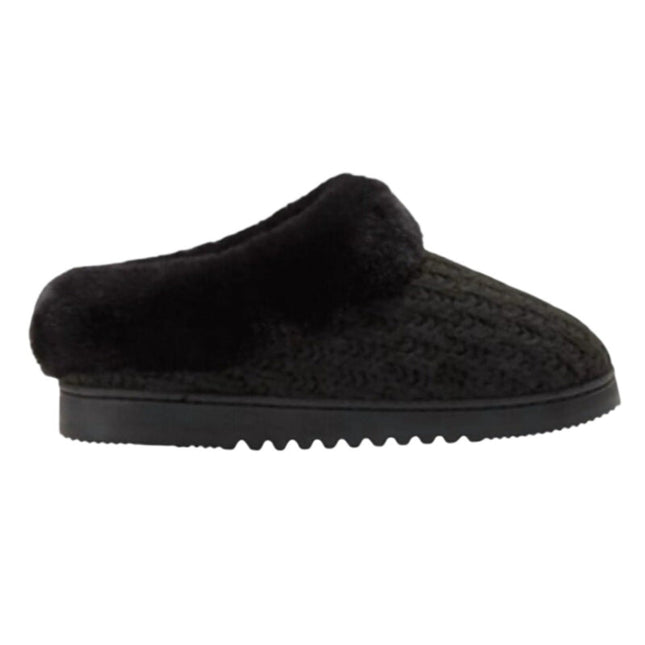 New In Box Dearfoam Women Medium 7/8 Black Faux Fur Lined Knit Slide On Slippers