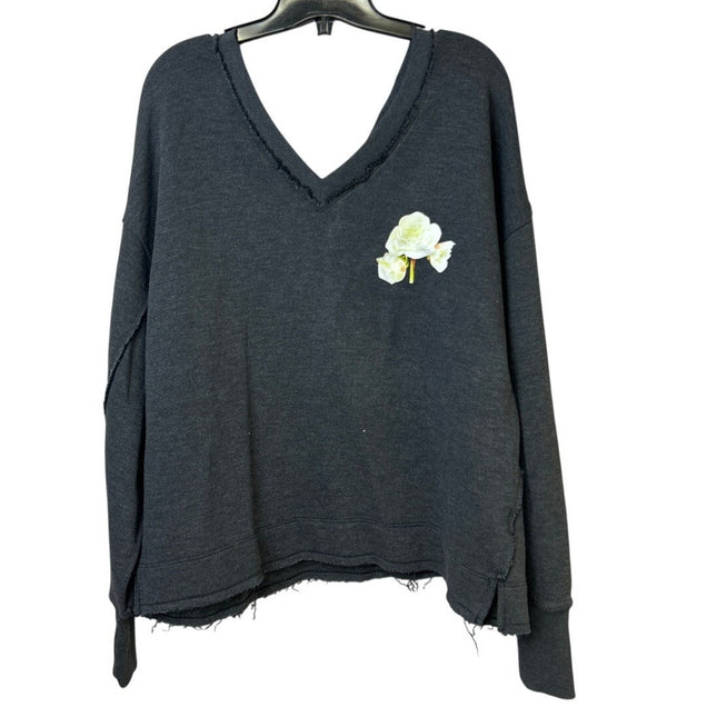 New Upcycled Hand Printed Womens Small Cottage Core Rose Deep V Sweatshirt