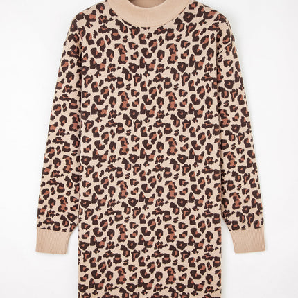 Khaki Leopard Print High Neck Shift Mini Sweater Dress - Femstylo