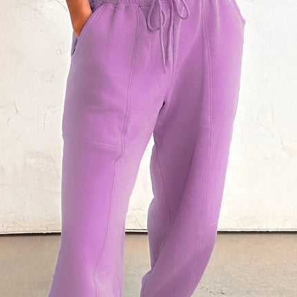 Lilac Tie Elastic Waist Solid Color Patchwork Jogger Pants