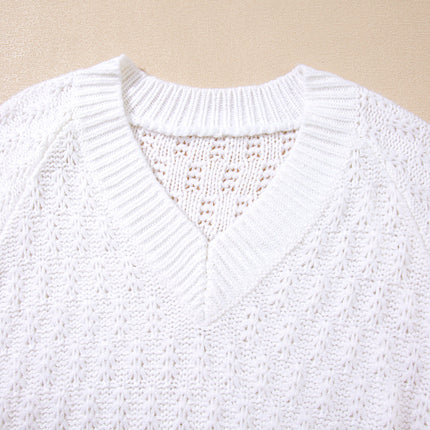 White Plain Knit Ribbed Edge V Neck Loose Sweater - Femstylo