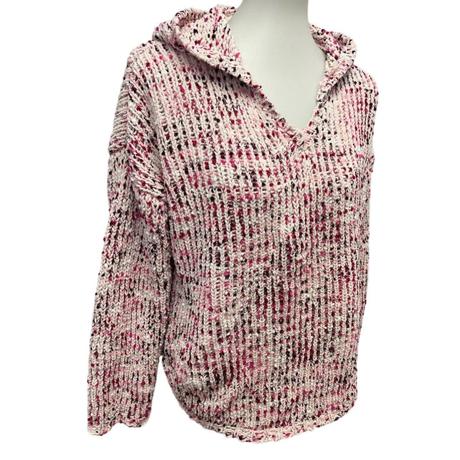 Cupio Womens Large Long Sleeve Acrylic Blend Hooded Pullover Pink White Sweater