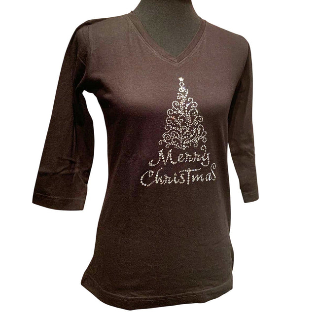New Large Hand Pressed Merry Christmas Rhinestone 3/4 Sleeve Cotton V-Neck Tee