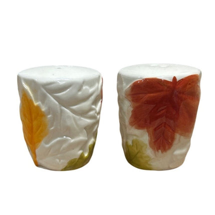 Vintage Red Green Gold Yellow Fall Leaf White Ceramic Salt & Pepper Shaker Set