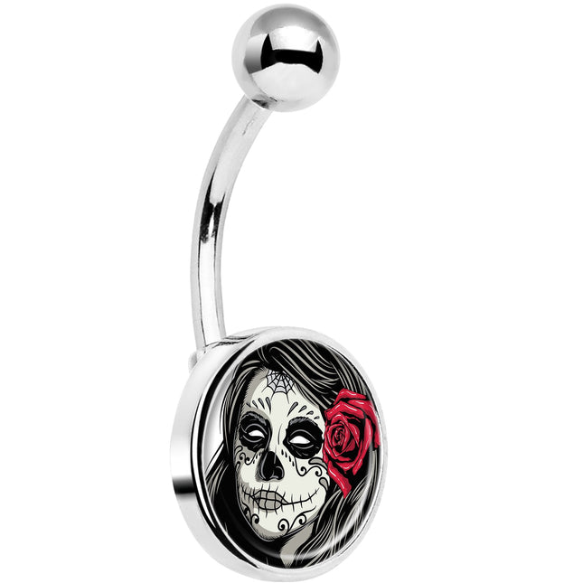 Katrina Sugar Skull with Rose Flower Belly Ring