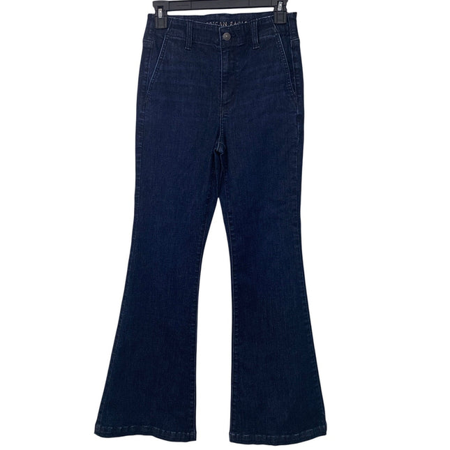 New American Eagle Women Size 4 Super High Rise Flare Dark Ash Denim Blue Jeans