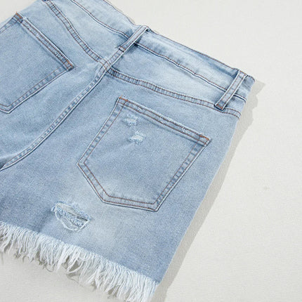 Light Blue Distressed Ripped Raw Hem High Waist Denim Shorts