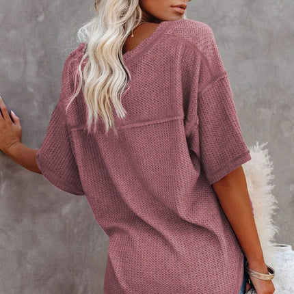 Blue Exposed Seam Drop Sleeve V Neck Waffle Textured Top