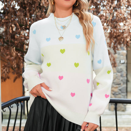 Multicolor Heart Pattern Colorblock High Neck Sweater