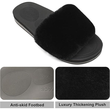 New Coface Womens Size 8 Black Fuzzy Slides Open Round Toe Sandal House Shoes