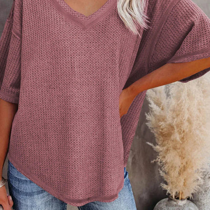 Blue Exposed Seam Drop Sleeve V Neck Waffle Textured Top