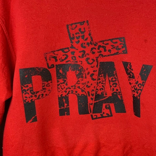 Hand Printed Upcycled Mens Small Red Pray Jesus Crucifix Long Sleeve Sweatshirt