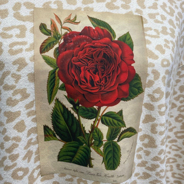New Hand Printed Upcycled Womens Small Vintage Book Page Red Rose Sweatshirt