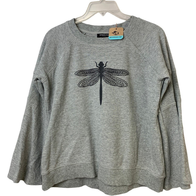 Upcycled Hand Printed Mens Medium Gray Heather Dragonfly Long Sleeve Sweatshirt