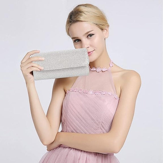 IovyoCoCo Womens Silver Glitter Magnetic Closure Chain Strap Handbag Clutch