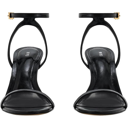 JW PEI Womens Size 8.5 Black Leather Alivia Gold Metal 4" Heels Sandals Shoes