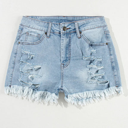 Light Blue Distressed Ripped Raw Hem High Waist Denim Shorts