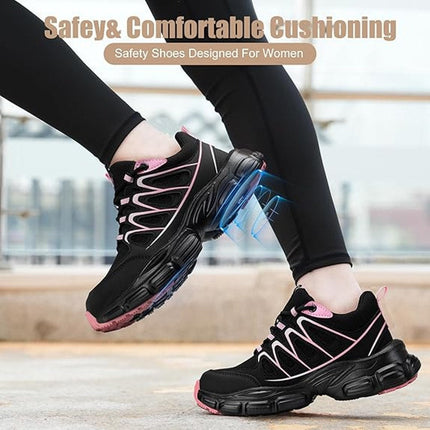Umburlly Womens 5.5 Black Pink Steel Toe Lace Up Non Slip Composite Work Shoes