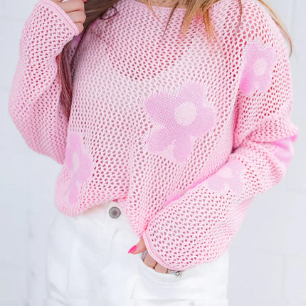 60s Flower Drop Shoulder Hollow Knit Top Light Grey -Femstylo
