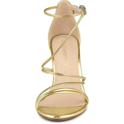 Allegra K Womens Size 10 Shiny Gold Strappy 4" Stiletto Heel Sandal Shoes