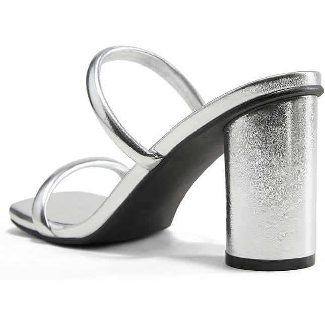 Arromic Womens Size 10 Silver 3.5" Chunky Heel Square Open Toe Slip On Shoes