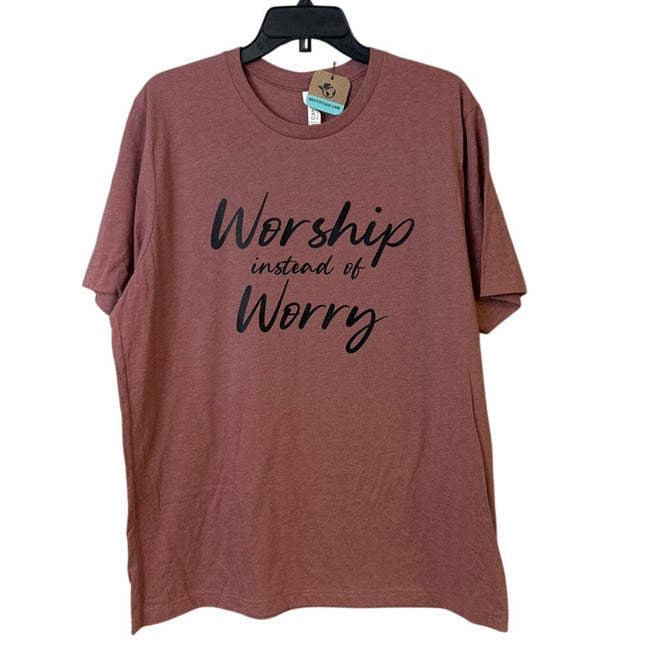 New Hand Printed Womens Large Worship Instead Of Worry Short Sleeve Tee Shirt