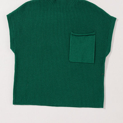 Green Patch Pocket Ribbed Knit Short Sleeve Sweater