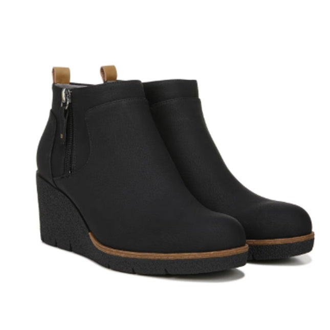 New In Box Dr Scholls Womens Size 7 Black Faux Leather Bianca Wedge Bootie Shoes