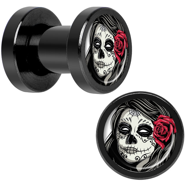 Katrina Sugar Skull Rose Flower Black Anodized Screw Fit Plug Set 4G