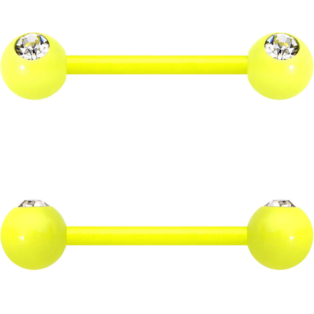 14G 5/8 Clear Gem Yellow Acrylic Over Steel Nipple Barbell Set