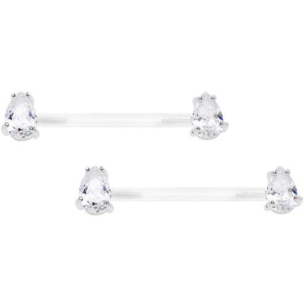 13/16 925 Silver Clear Gem Bioplast Teardrop Nipple Ring Set