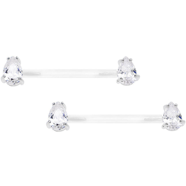 13/16 925 Silver Clear Gem Bioplast Teardrop Nipple Ring Set